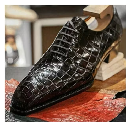 Pure Handmade Men s Black Crocodile Print Leather Oxford Lace up Dress Bespoke Handmade Shoes