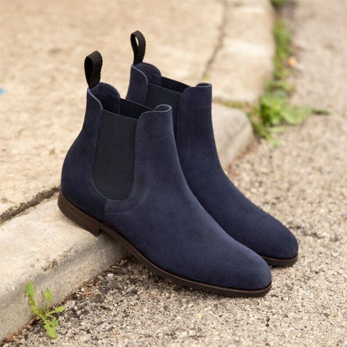 Handmade Blue Suede Cow Leather Chelsea Boots Men, Leather Dress Boots Handmade Blue Suede Cow Leather Chelsea Boots Men, Leather Dress Boots