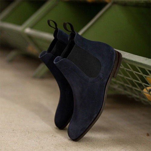 Handmade Blue Suede Cow Leather Chelsea Boots Men, Leather Dress Boots Handmade Blue Suede Cow Leather Chelsea Boots Men, Leather Dress Boots