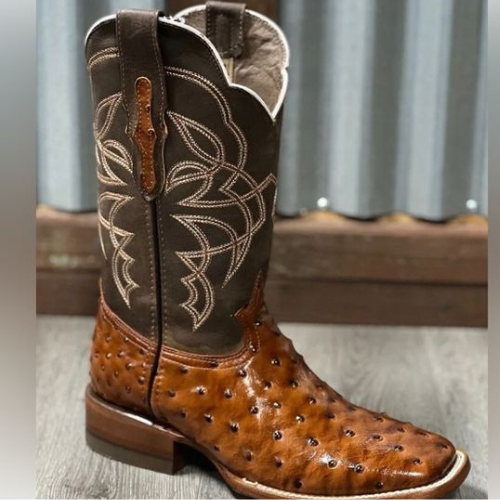 Custom Made Cowboy Ostrich Print Brown Leather Western Ankle Handmade