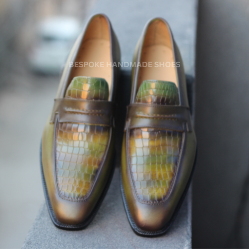 Bespoke Men's Handmade Green Crocodile Leather Texture Loafer Slip On Moccasin Casual Wear Shoes Men