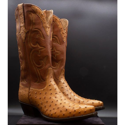 Pure Genuine Handmade Men's Tan Ostrich Print Leather Western Mexican Cowboy Boots
