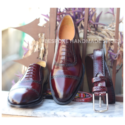 Custom Made Formal Shoes, Pure Shiny Burgundy Leather Lace up Brogue Dress Shoe