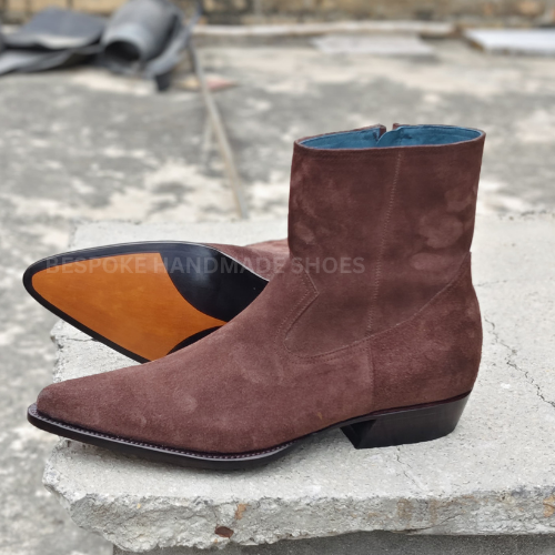 Bespoke New Men's Handmade Brown Color Suede High Ankle Zipper Dress Casual Wear Boots Men
