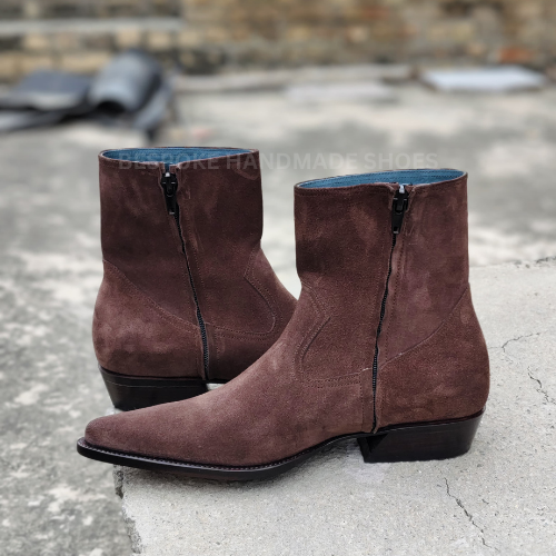 Bespoke New Men's Handmade Brown Color Suede High Ankle Zipper Dress Casual Wear Boots Men