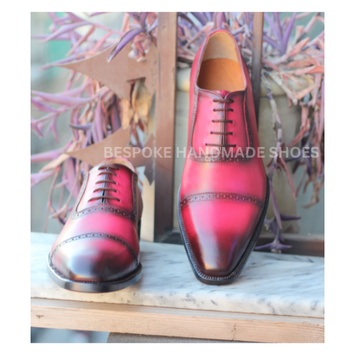 Buy Bespoke Dress Shoes, Pure Shiny Calf Pink Leather Toe Cap Lace up men Shoes