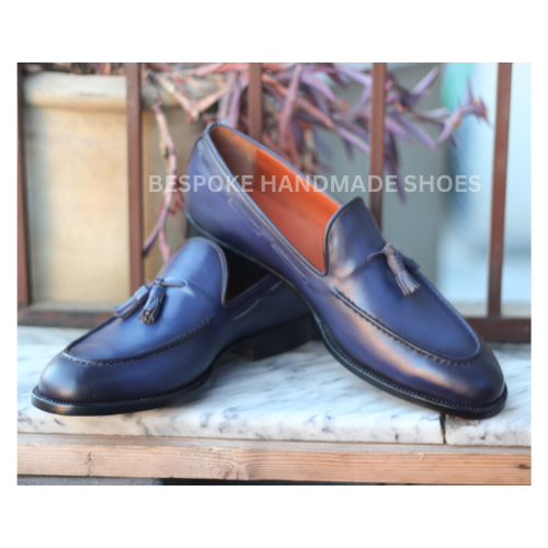 Bespoke Men's Premium Quality Blue Leather Slip On Tassels Dress Loafers Shoes