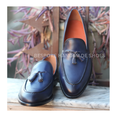 Bespoke Men's Premium Quality Blue Leather Slip On Tassels Dress Loafers Shoes