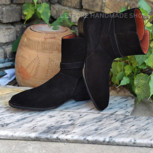 Bespoke Men's Handmade Black Color Suede Single Monk Strap High Ankle Dress, Party Wear Shoes Men