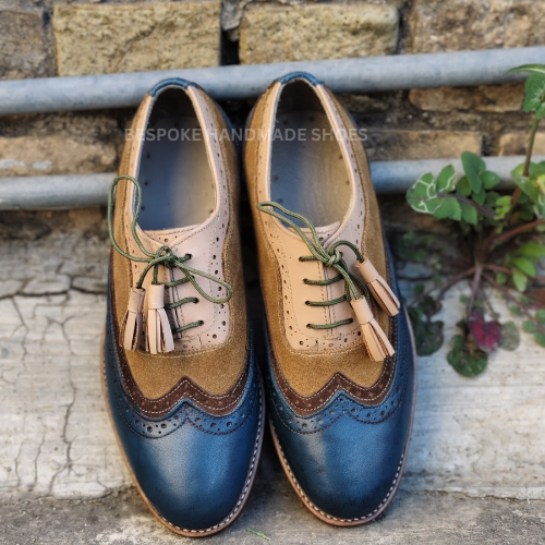 Ready To Ship Women's Three Tone Leather Oxford Wingtip Brogue Tassels Lace Up Dress Formal Wear Shoes Men