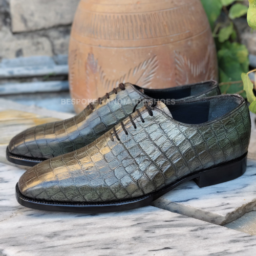 Ready To Ship Tailor Made Men's Green Crocodile Color Leather Texture Lace Up Whole Cut Dress Casual Wear Shoes Men's