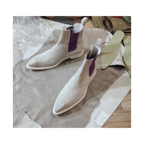Bespoke Handmade Men's White Suede Chelsea Pull On Pointed Toe High Ankle Dress Men Boots