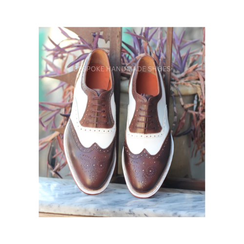 Bespoke Men's Handmade White, Brown Leather Oxford Brogue Wing-Tip Lace Up Dress Shoes