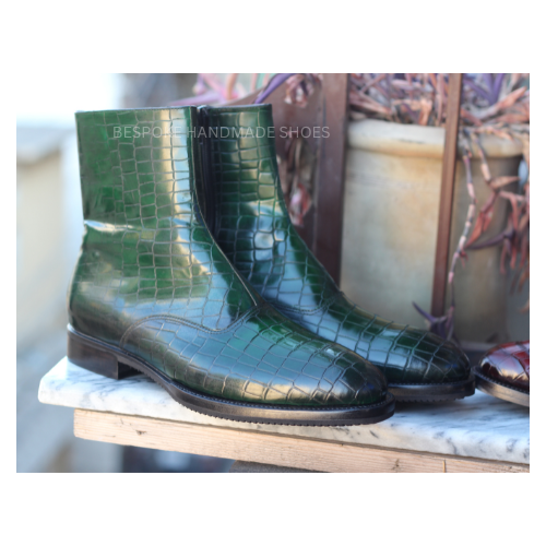 New Bespoke Men's Handmade, Green Crocodile Leather Print  Dress Boot for Party and Function