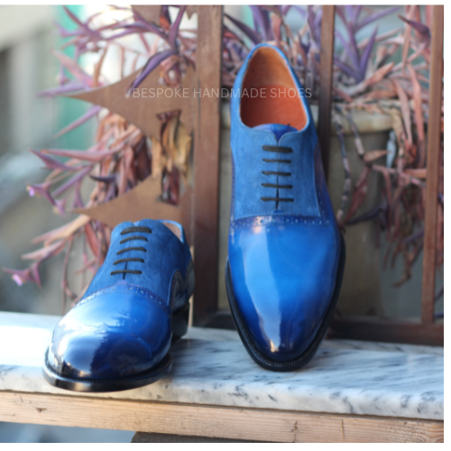 Bespoke Men's Handmade Blue, Leather And Suede Oxford Lace Up Dress Shoes For Party and Wedding