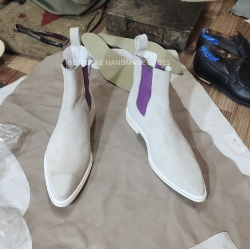 Bespoke Handmade Men's White Suede Chelsea Pull On Pointed Toe High Ankle Dress Men Boots