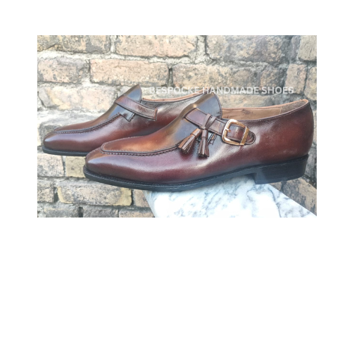New Custom Made Men's Burgundy Color Leather Monk Strap with Tassel, Leather sole Formal Wear Dress Men's Shoes For Party and Wedding