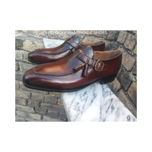 New Custom Made Men's Burgundy Color Leather Monk Strap with Tassel, Leather sole Formal Wear Dress Men's Shoes For Party and Wedding