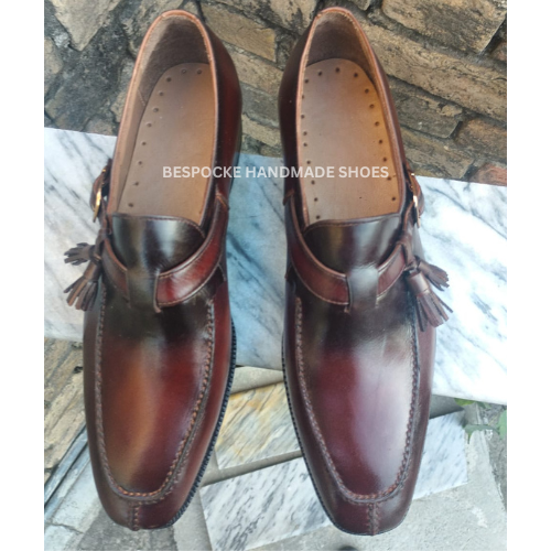 New Custom Made Men's Burgundy Color Leather Monk Strap with Tassel, Leather sole Formal Wear Dress Men's Shoes For Party and Wedding