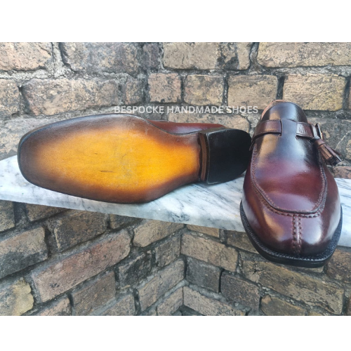 New Custom Made Men's Burgundy Color Leather Monk Strap with Tassel, Leather sole Formal Wear Dress Men's Shoes For Party and Wedding
