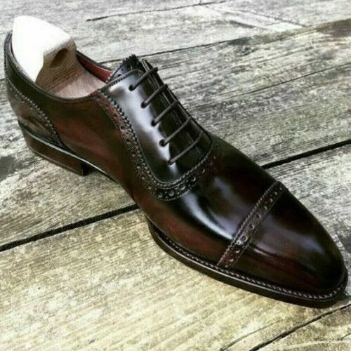Pure Handmade Men's Chocolate Brown and Black Shaded Leather Oxford Shoe, Toe cap Lace Up Shoes