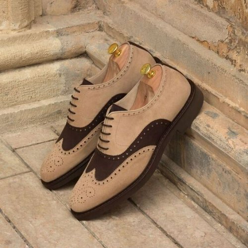 New Premium Quality Handmade Men's Beige and Brown Sueded Oxford Lace up Wingtip Brogue Dress Shoes