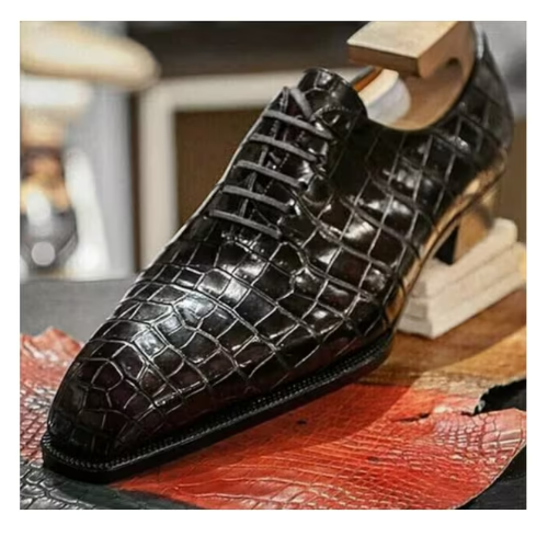 Pure Handmade Men's Black Crocodile Print Leather Oxford Lace up Dress Shoes