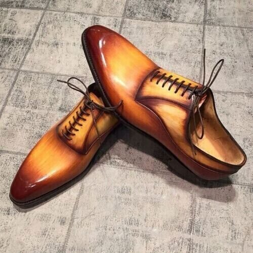 New Handmade Men's Tan and Brown Shaded Leather Oxford Lace up Whole Cut Dress Shoes