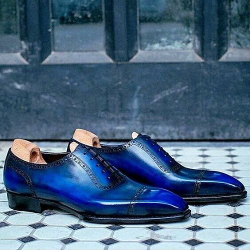 New Handmade Men's Blue Leather Oxford Lace up Toe cap Dress Shoes