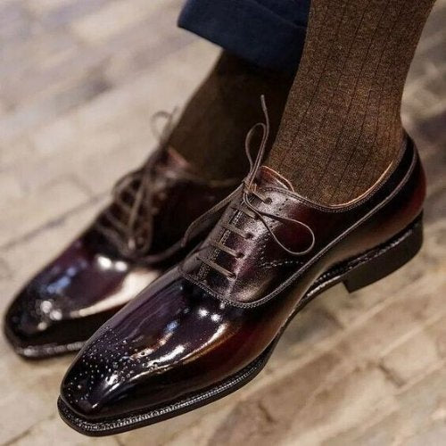 New Handmade Men's Burgundy Leather Oxford Lace up Brogue Dress Shoes