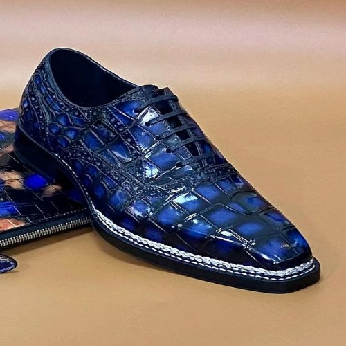 Pure Premium Quality Handmade Men's Blue Crocodile Print Leather Oxford Lace up Dress Shoes