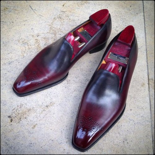 Pure Premium Quality Handmade Men's Burgundy and Black Shaded Leather Loafer Moccasin Slip on Brogue Dress Shoes