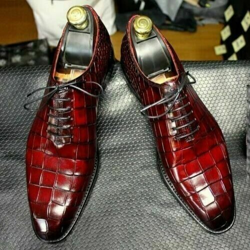 Pure Premium Quality Handmade Men's Red Crocodile Print Leather Oxford Lace up Dress Shoes