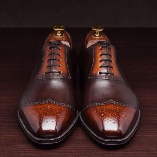 New Premium Quality Handmade Men's Two Tone Leather Oxford Lace up Wingtip Brogue Dress Shoes