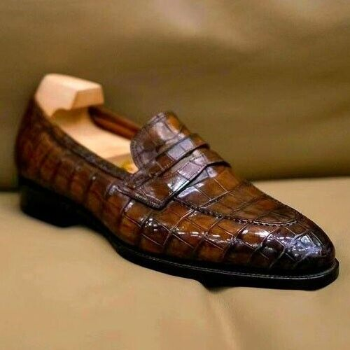 Pure Premium Quality Handmade Men's Tan Crocodile Print Leather Loafer Moccasin Slip on Dress Shoes