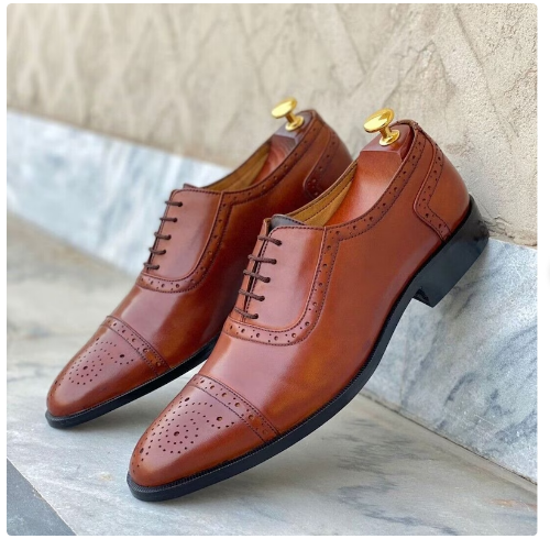 Pure Handmade Tan Leather Oxford Shoe, Toe cap Lace Up Brogue Shoes