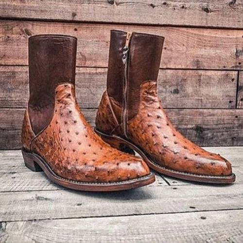 Premium Quality Men's Handmade Cowboy Ostrich Print Brown Leather Western Boot Men