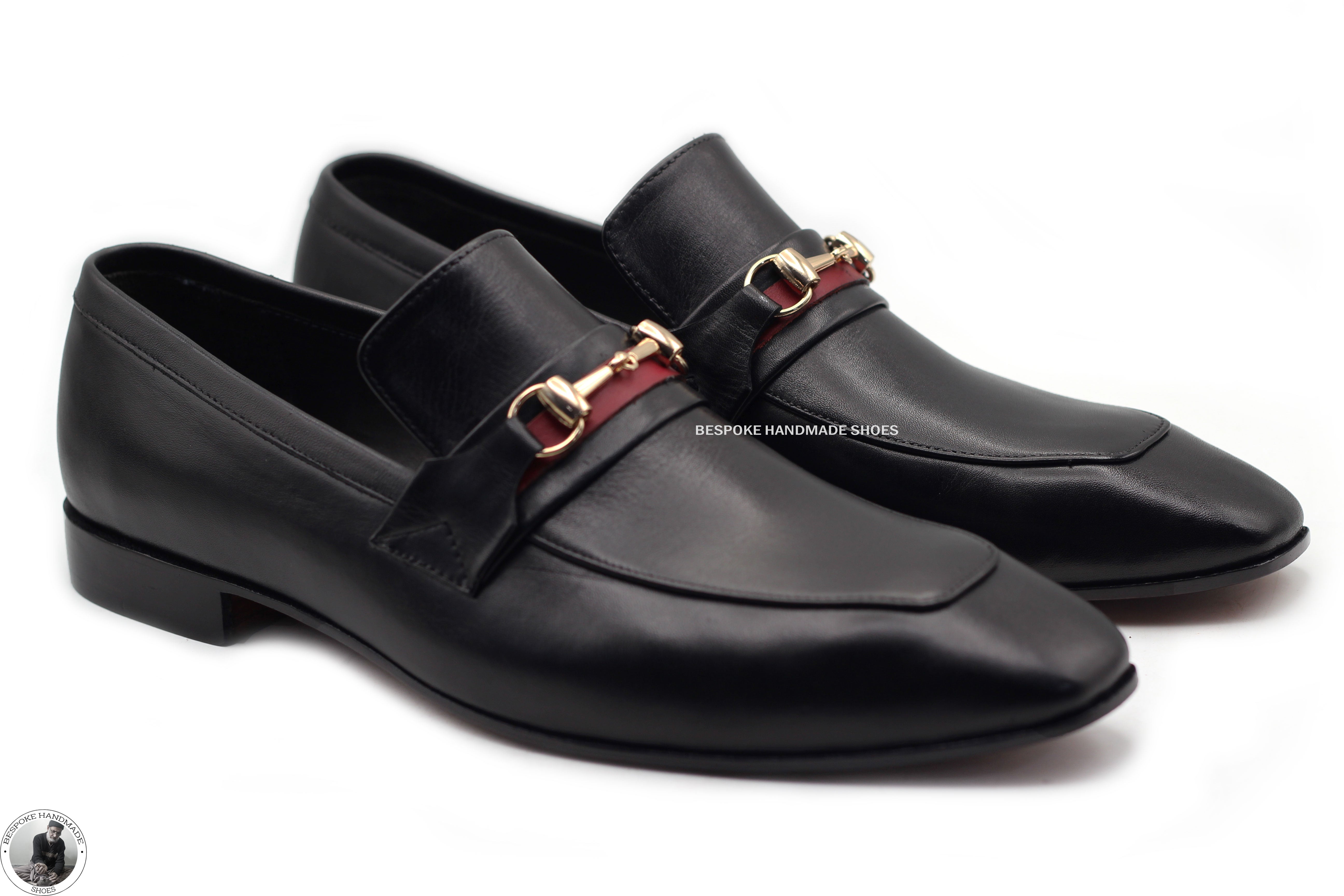 Handmade Goodyear Genuine Black Leather Slip On Moccasin Buckle Dress Shoes