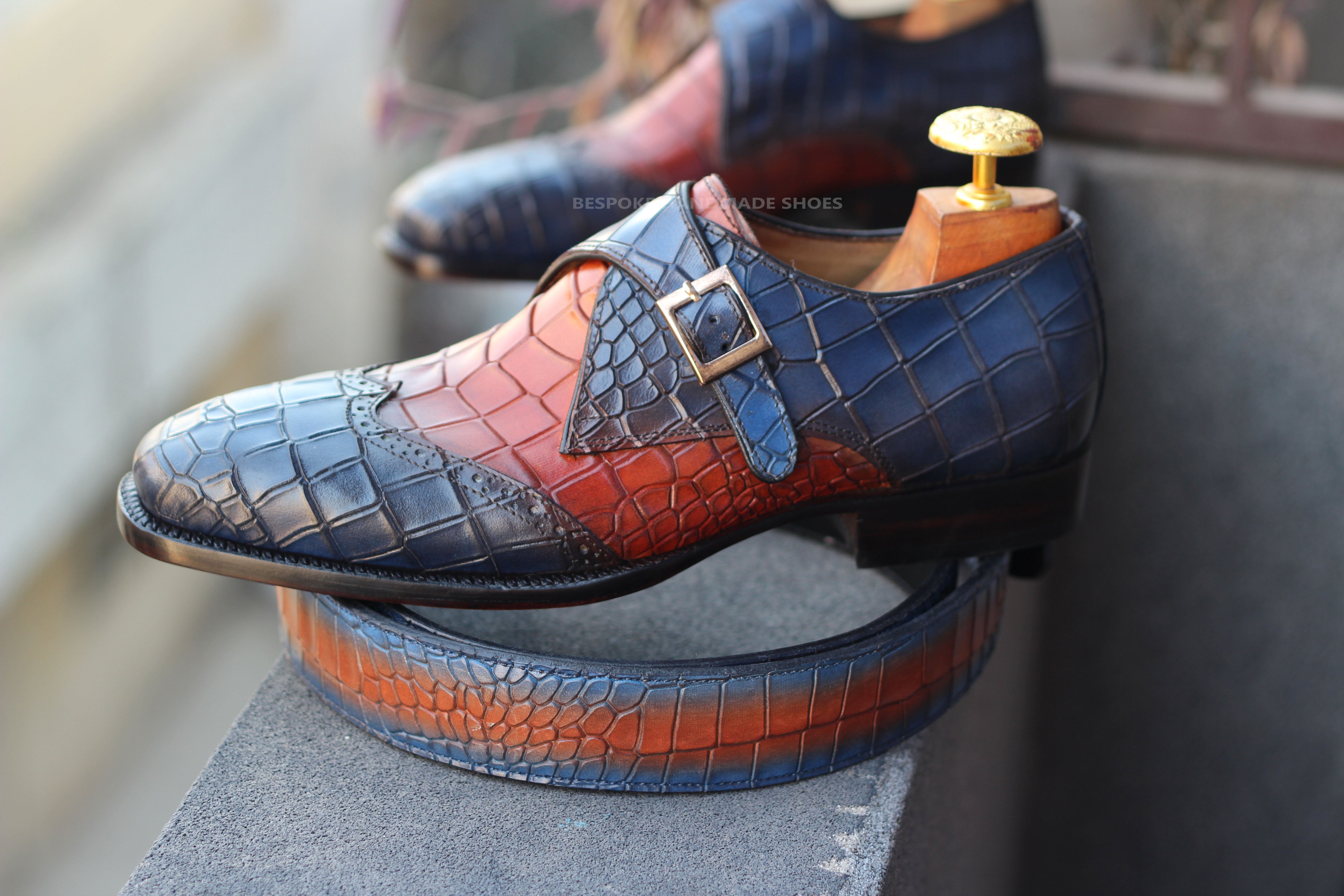 Handmade Men's Two tone Crocodile Print Leather Monk Strap Dress Wingtip Shoes