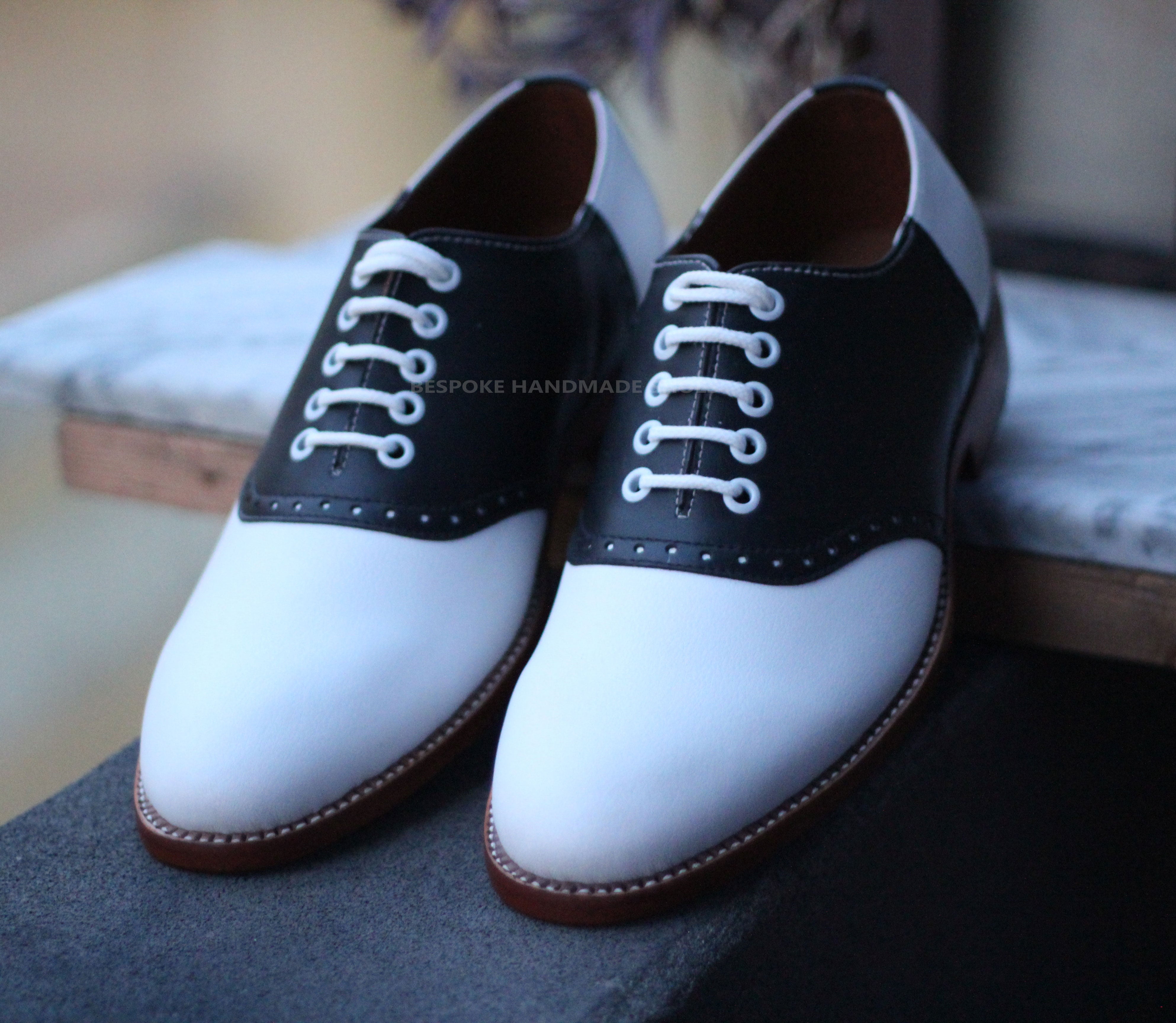 Custom made Men's Black, White Leather Oxford Dress Lace up Handmade men Shoes