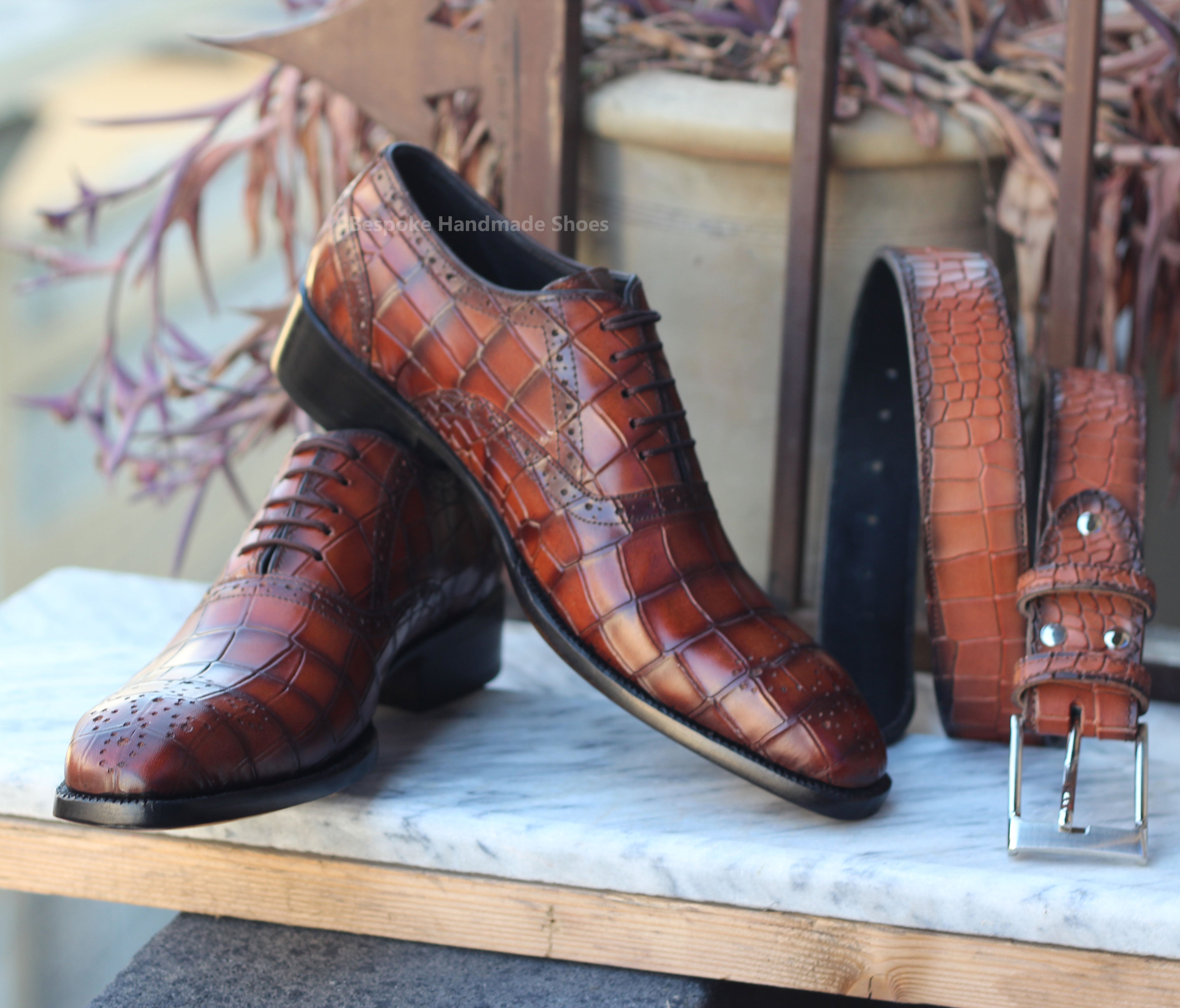Handmade Crocodile Print Brown Leather Oxford Shoe, Whole-cut Lace Up Brogue Shoes
