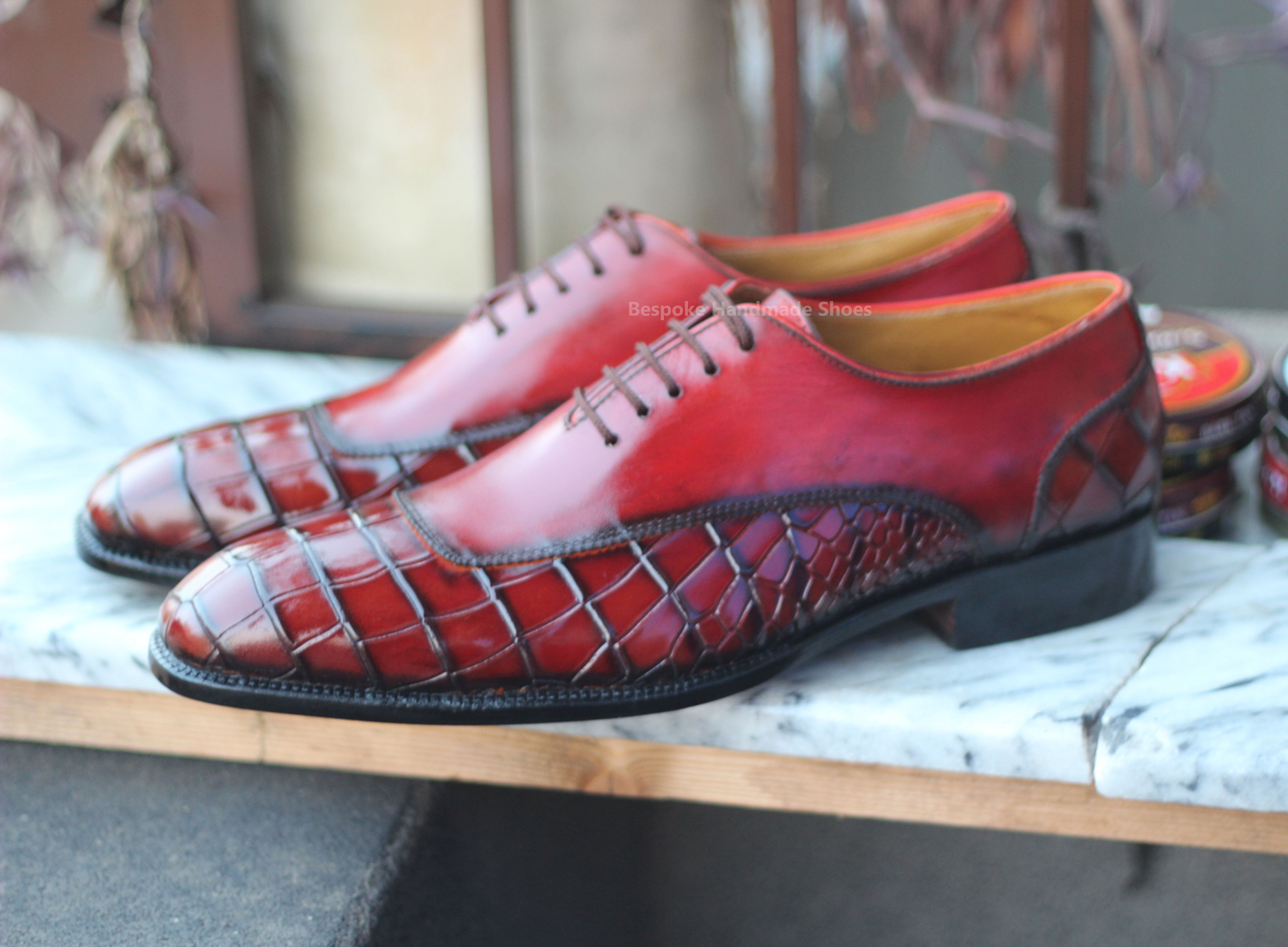 Custom Made Men's New Handmade Red Crocodile Leather Oxford Lace Up Dress Shoes