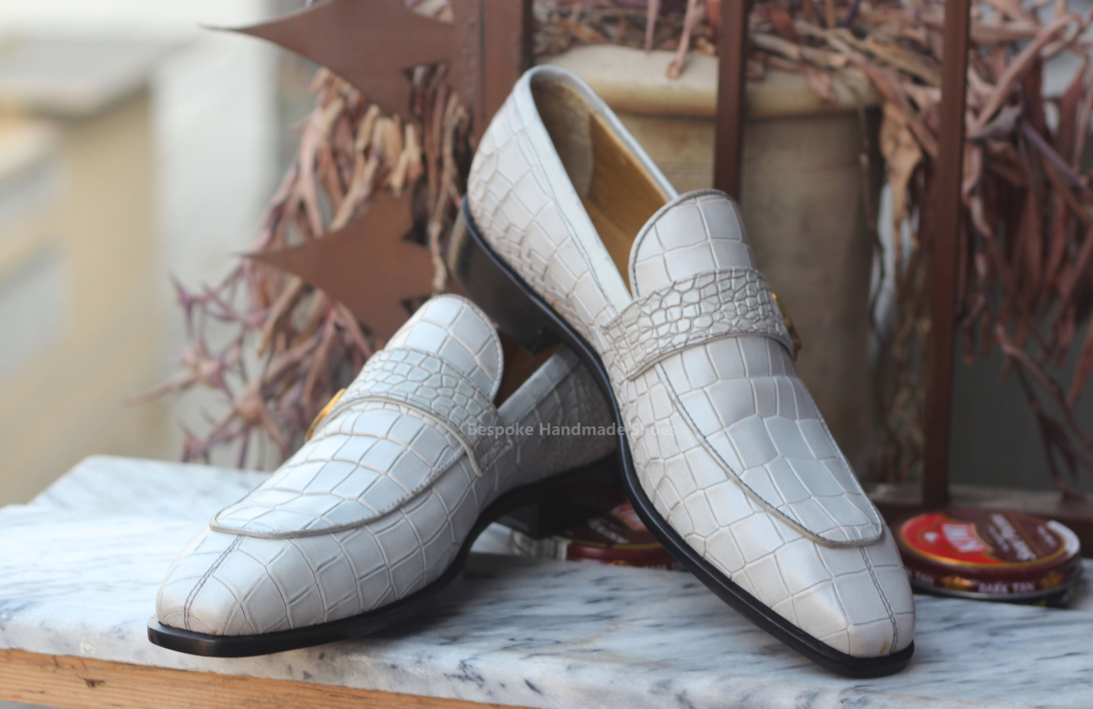 Handmade Men's White Crocodile Texture Leather Slip On Moccasin Single Monk Strap Casual Shoes Men