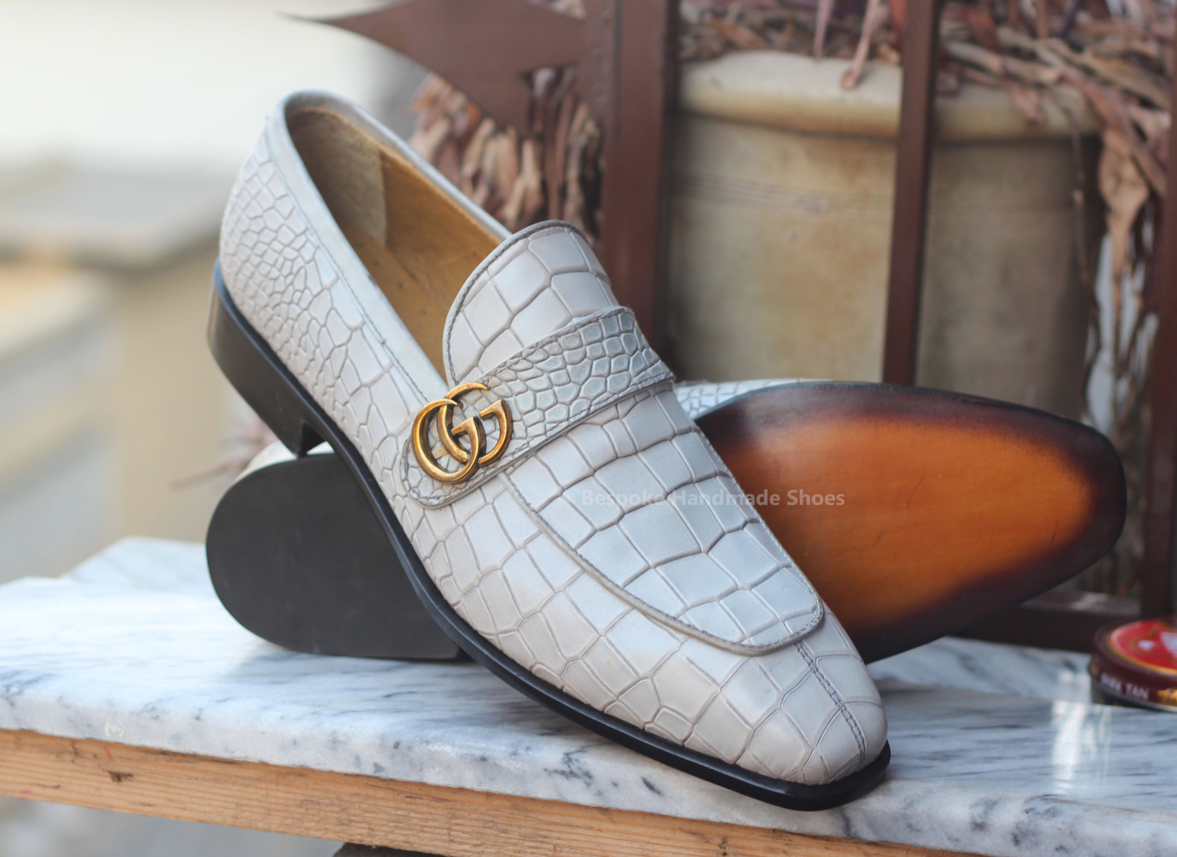 Handmade Men's White Crocodile Texture Leather Slip On Moccasin Single Monk Strap Casual Shoes Men