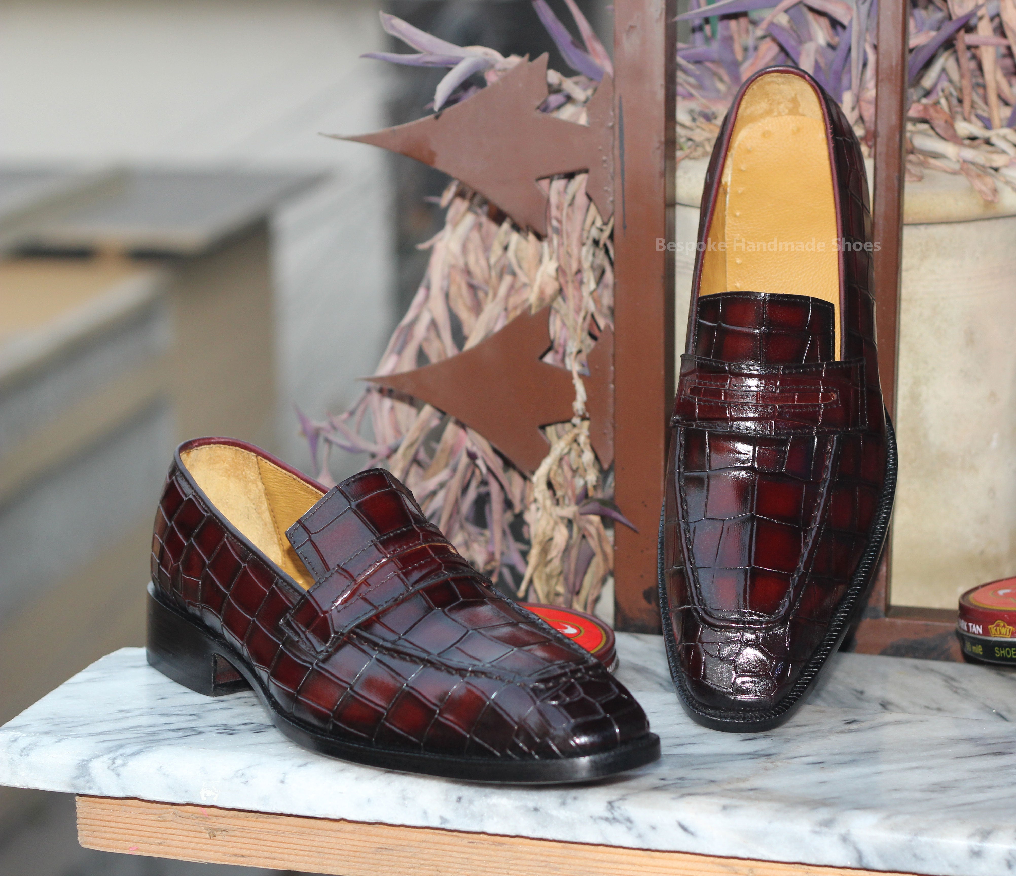 Bespoke Handmade Men's Burgundy Leather Black Shaded Slip On Loafer Casual Shoes Men