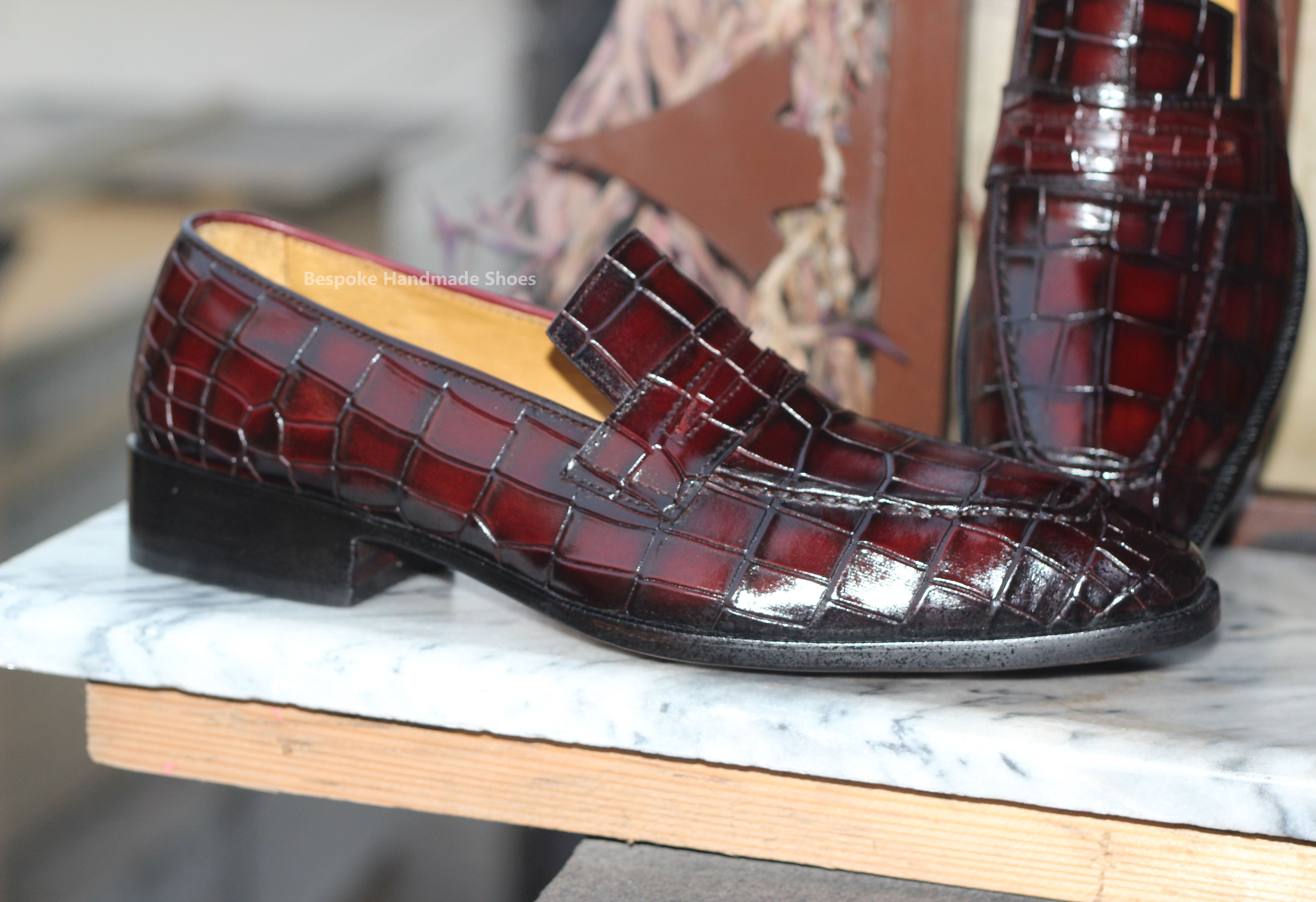 Bespoke Handmade Men's Burgundy Leather Black Shaded Slip On Loafer Casual Shoes Men