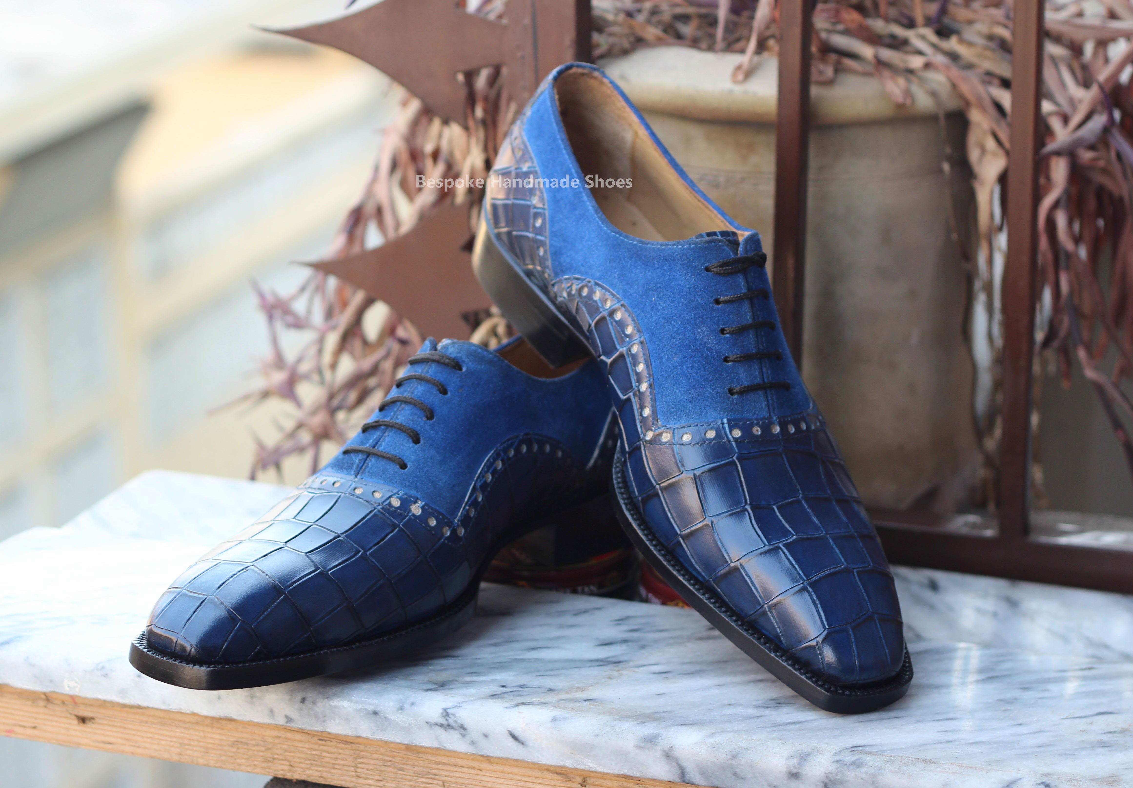 Handcrafted Men's New Genuine Blue Alligator Texture Leather Suede Oxford Lace Up Fashion Shoes