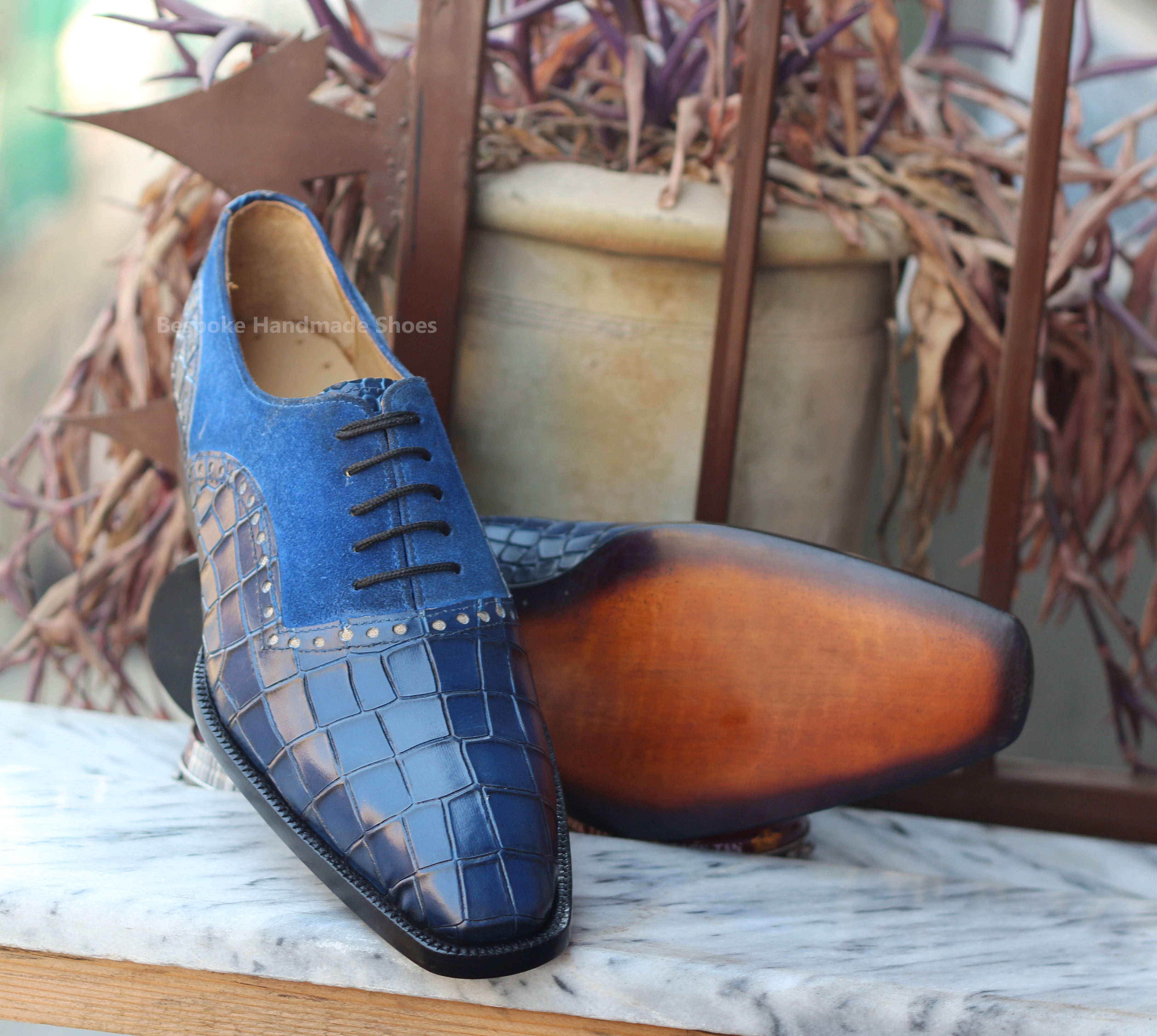 Handcrafted Men's New Genuine Blue Alligator Texture Leather Suede Oxford Lace Up Fashion Shoes