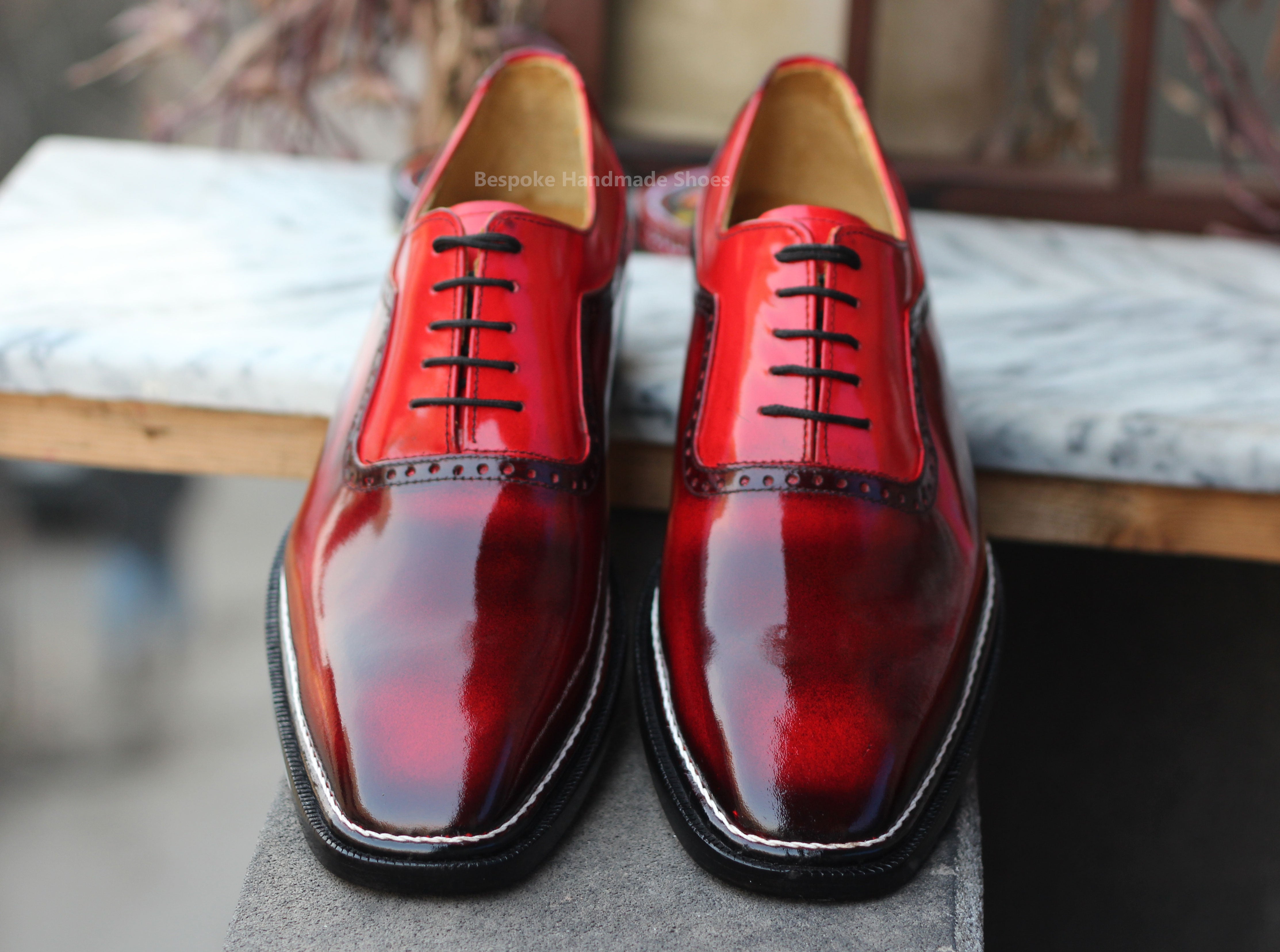 Handmade Men's Red Color Leather Oxford Lace Up Whole-Cut Top Fashion Shoes