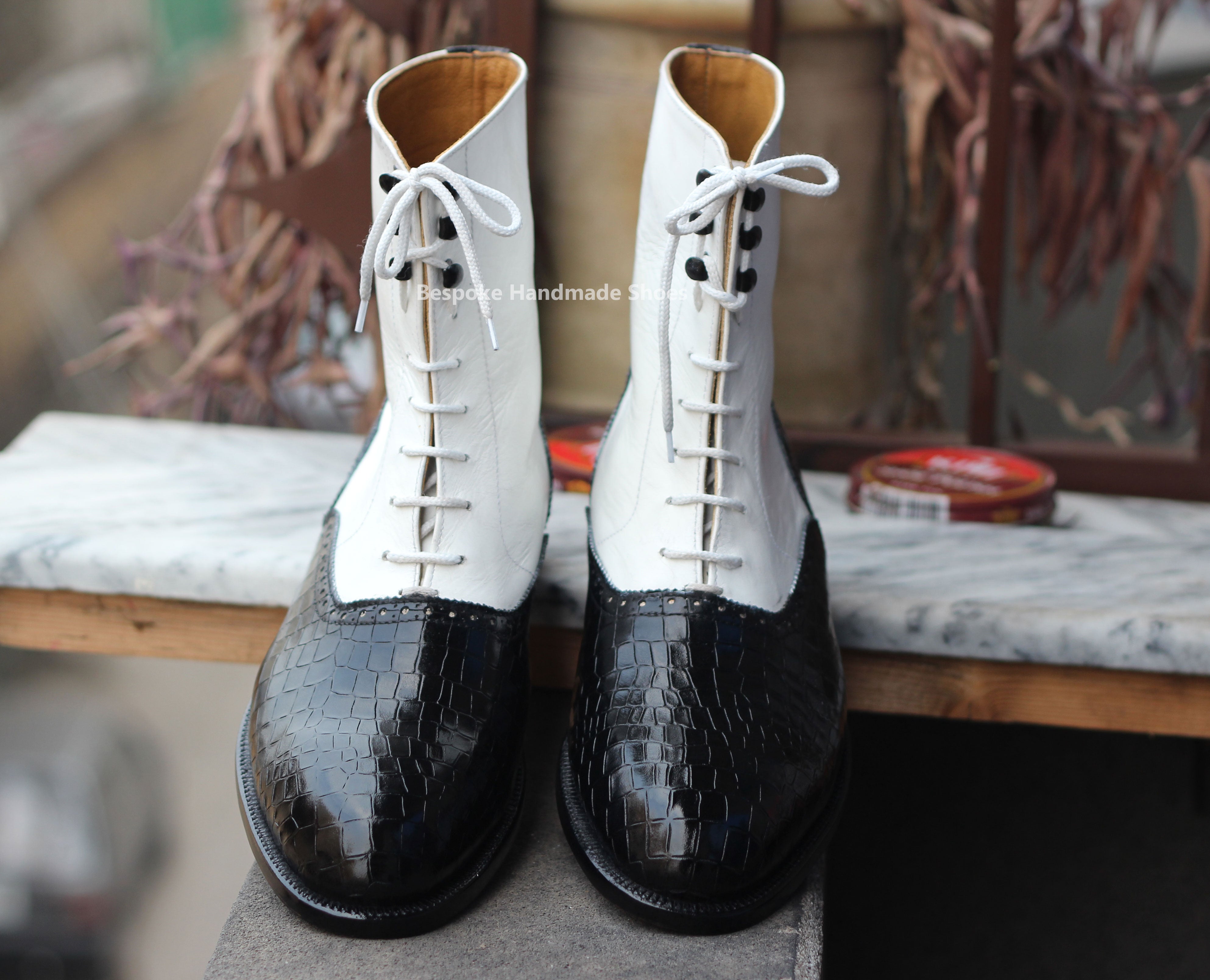 Bespoke Handmade Men's Black Alligator Leather, White Leather Oxford Lace Up High Ankle Formal Boots Men